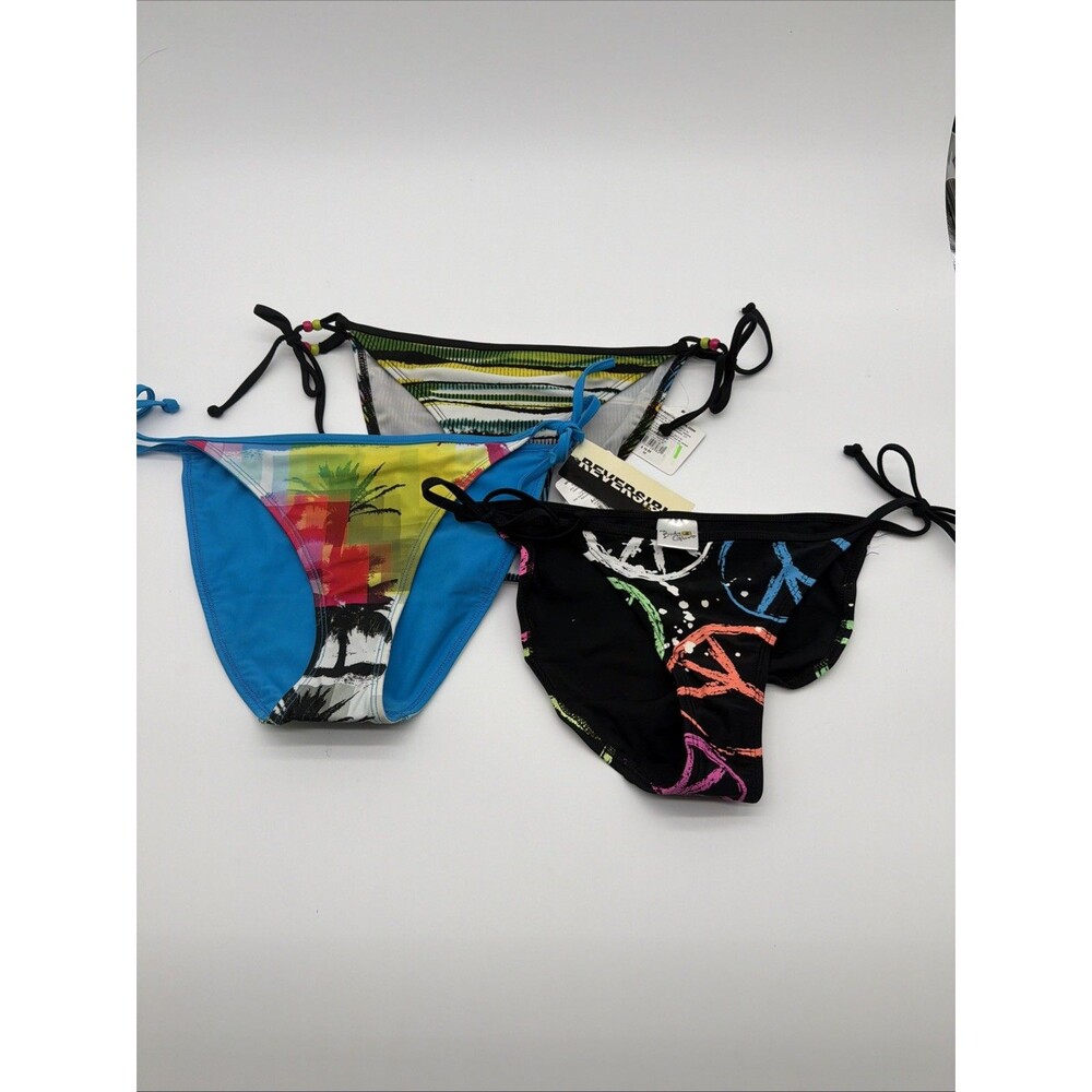 Body Glove Bikini Bottom Womens Medium Blue White Tied Sides Cheeky Swim 3 Pack